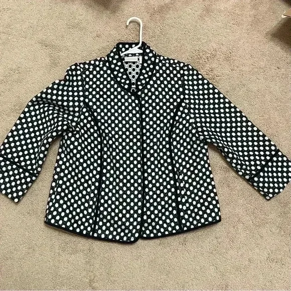 Chicos Polka Dot Plush Jacket Open Front Pockets Black White Collared - Picture 4 of 14